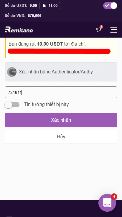 Nhập mã xác nhận bằng Authenticator